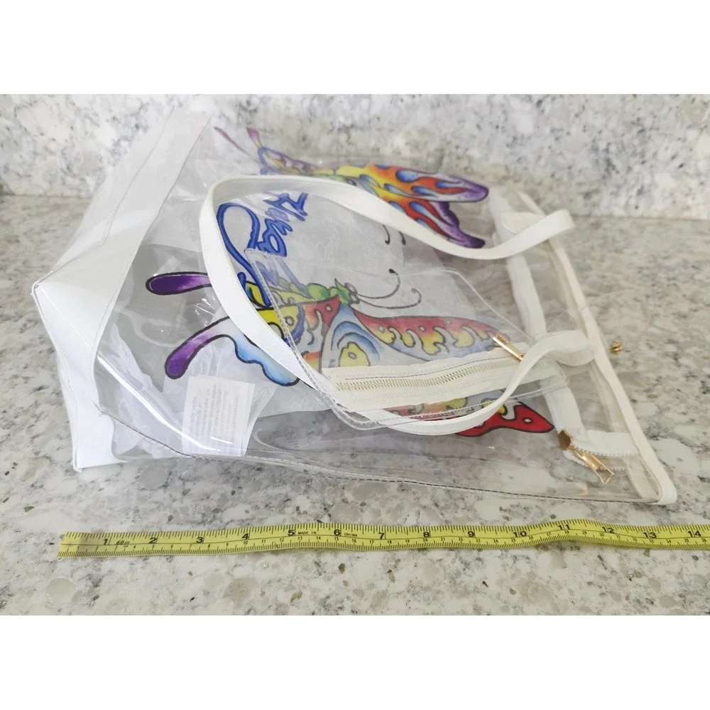 Ed Hardy Clear PVC Butterfly Beach Tote Bag & Zip Pouch Purple White 14x13x6 NWT